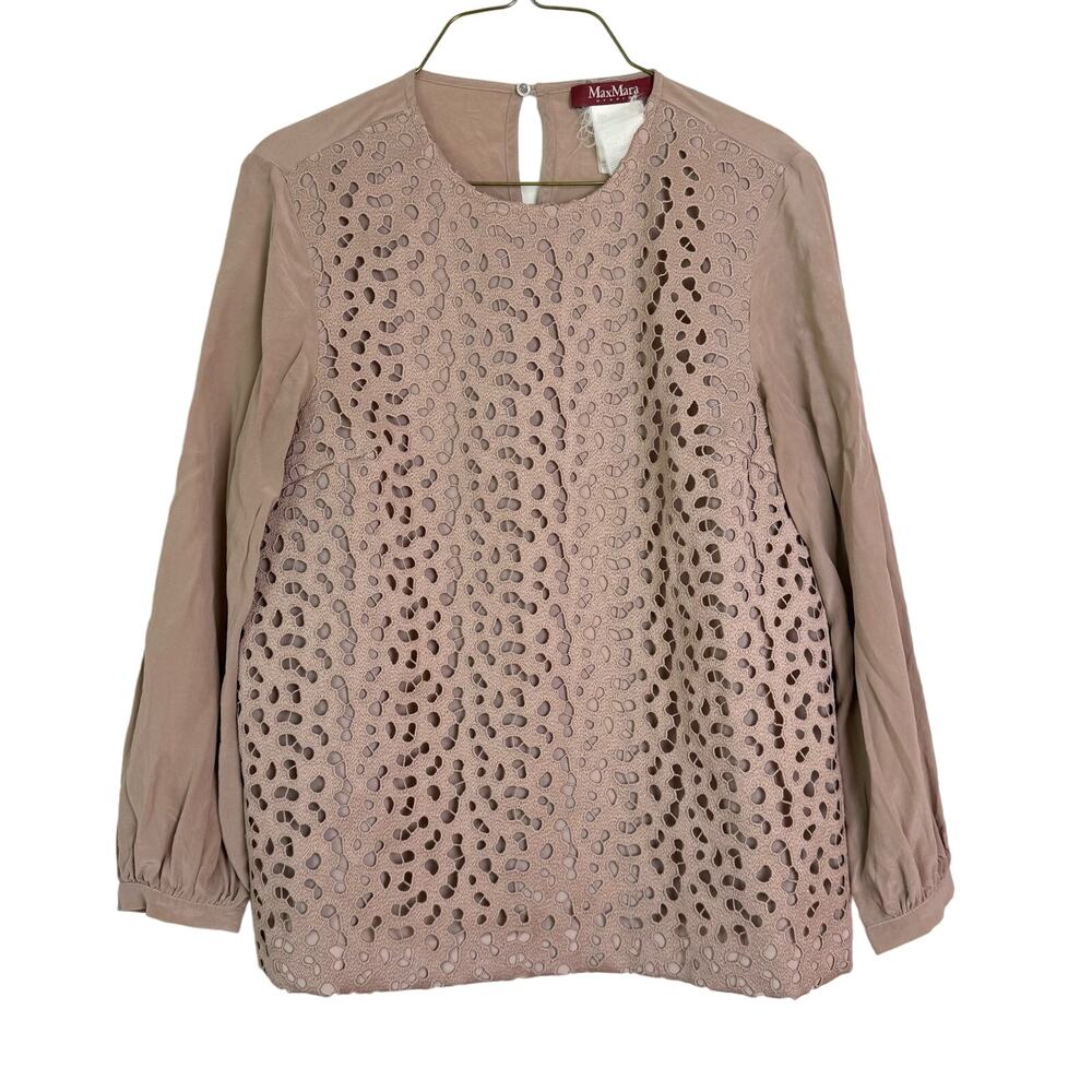 Max Mara Studio‎ Dusty Rose Silk Layered embroidered eyelet  long sleeve blouse
